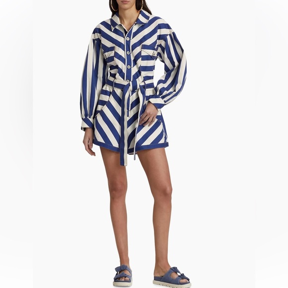New! Farm rio Large blue combo striped long sleeve romper. - Picture 1 of 14
